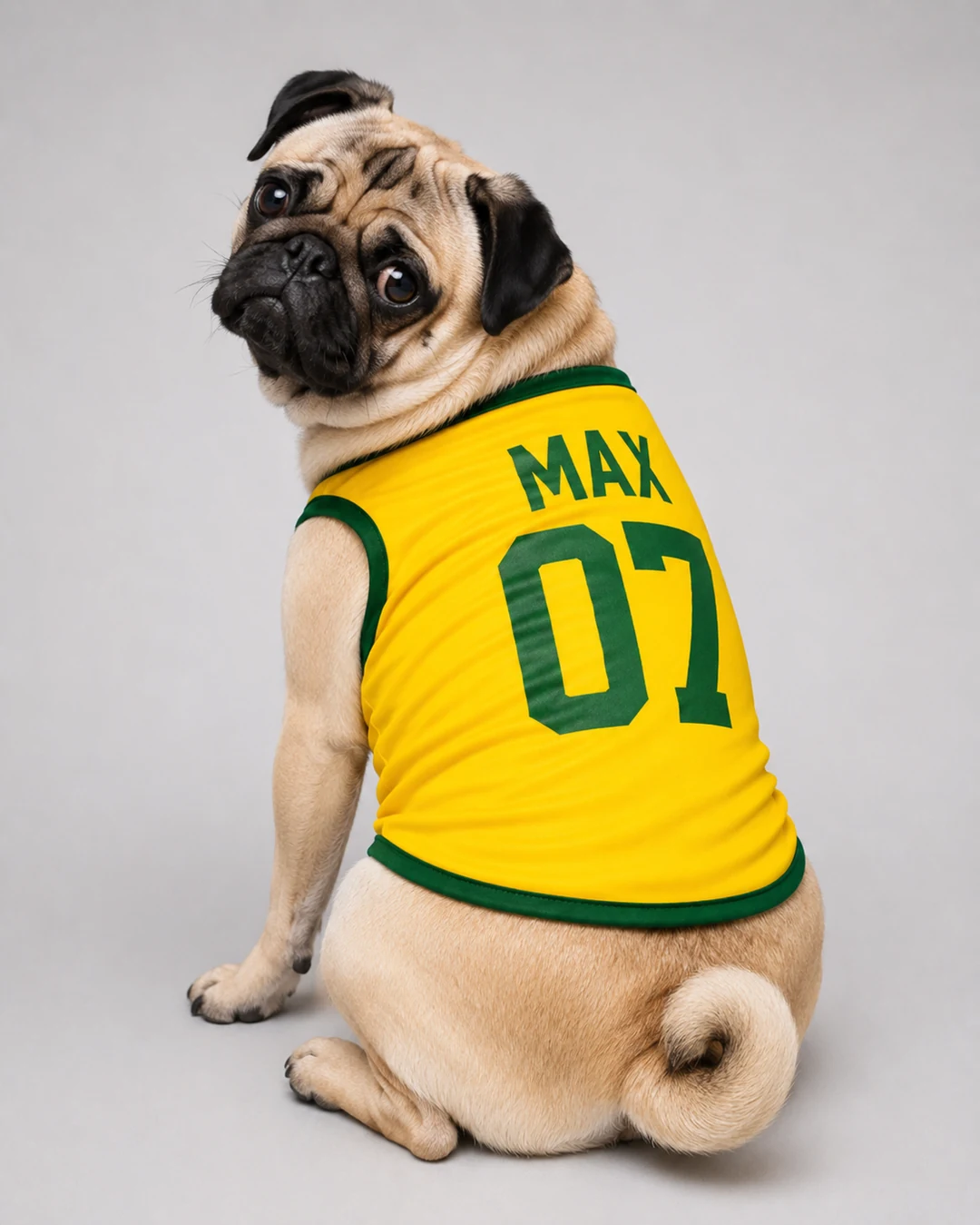 Max — Pug com camisa da Seleção